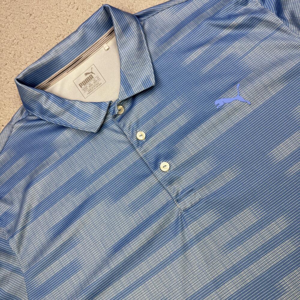 Puma Polo Shirt Mens XL Blue Geometric Golf Performance Woodstock Club Logo